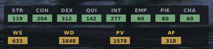 Borderless floating stats panel with attribute and weapon chips