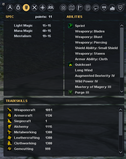 Specialisations, abilities and tradeskills in one flat window