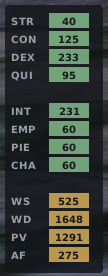 Vertical floating stats panel with attribute and weapon chips