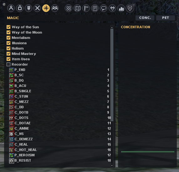 Magic panel and concentration list